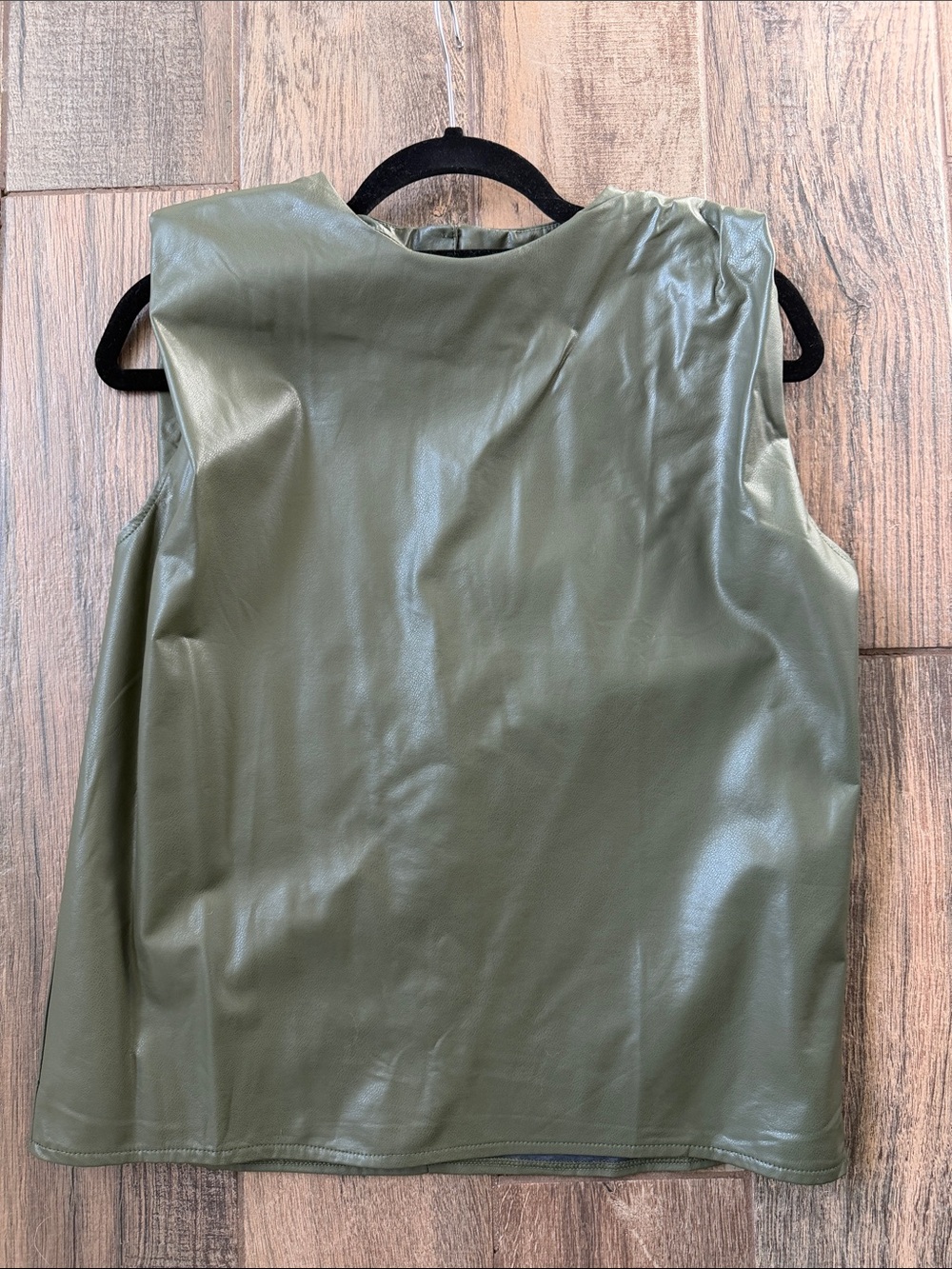 Sleeveless Faux Leather sleeveless power shoulder Top - Olive